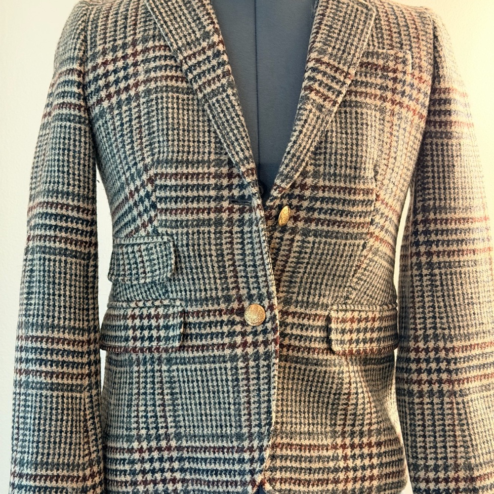J. Crew Brown and Green Houndstooth Wool-Blend Blazer
